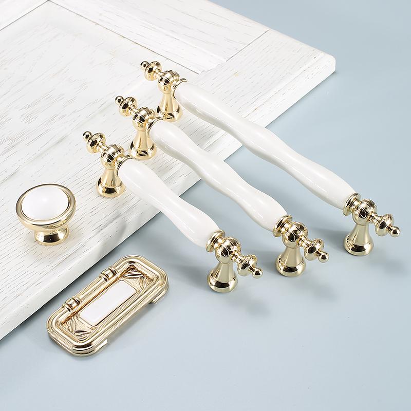 Fashion Ceramic Cabinet Handles Golden Kitchen Cupboard Door Handles Drawer Knobs European White Furniture Pulls