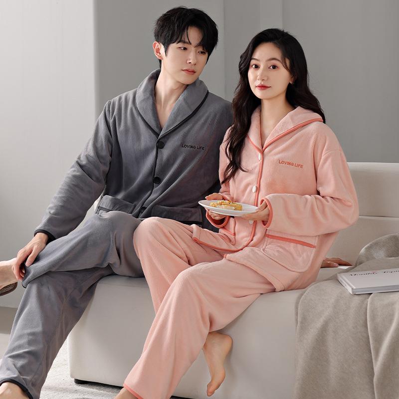 Winter Coral Fleece Pajamas Couple Men And Women Long-Sleeved Cardigan Fleece Thickened Flannel Thermal Loungewear Set