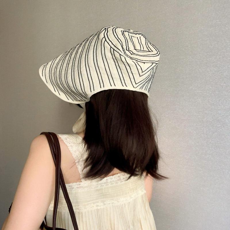 Ribbon Women Striped Fisherman Hat Wide Brim Foldable Summer Sun Hat Sun Protection Solid Color Sunshade Hat