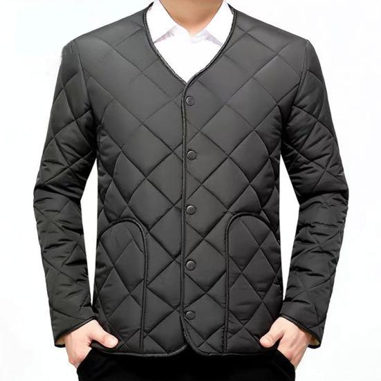 Men Cotton Coat O-Neck Long Sleeve Diamond-Shaped Stitching Button Placket Coat Solid