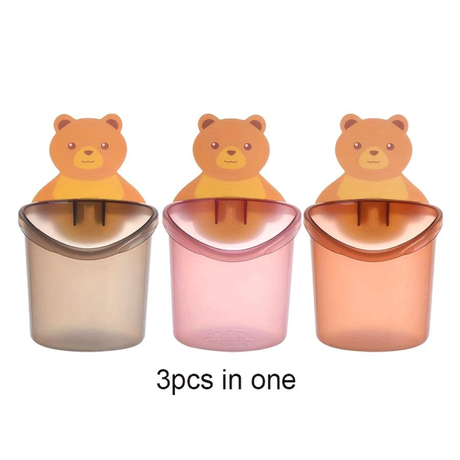 Set of 3 Cute Bear Wall-Mounted Sticky Storage Cups, Plastic Toothbrush Holder with Drainage Feature, No Power Required for Bathroom Storage Rack