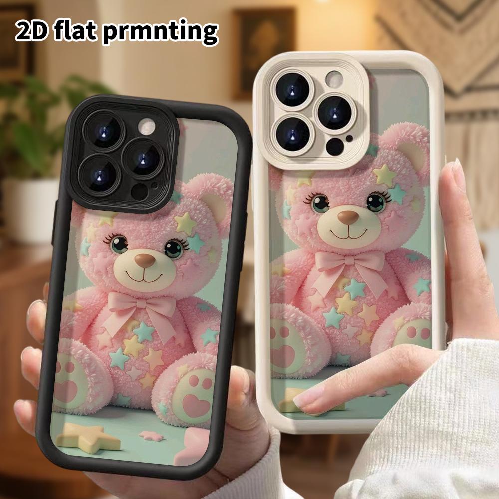 Phone Case: 2D Flat Design Suitable for iPhone 18, 17, 16, 15, 14, 13 Pro Stepped Protective Case, Pink Plush Little Bear, Christmas and Halloween Gif