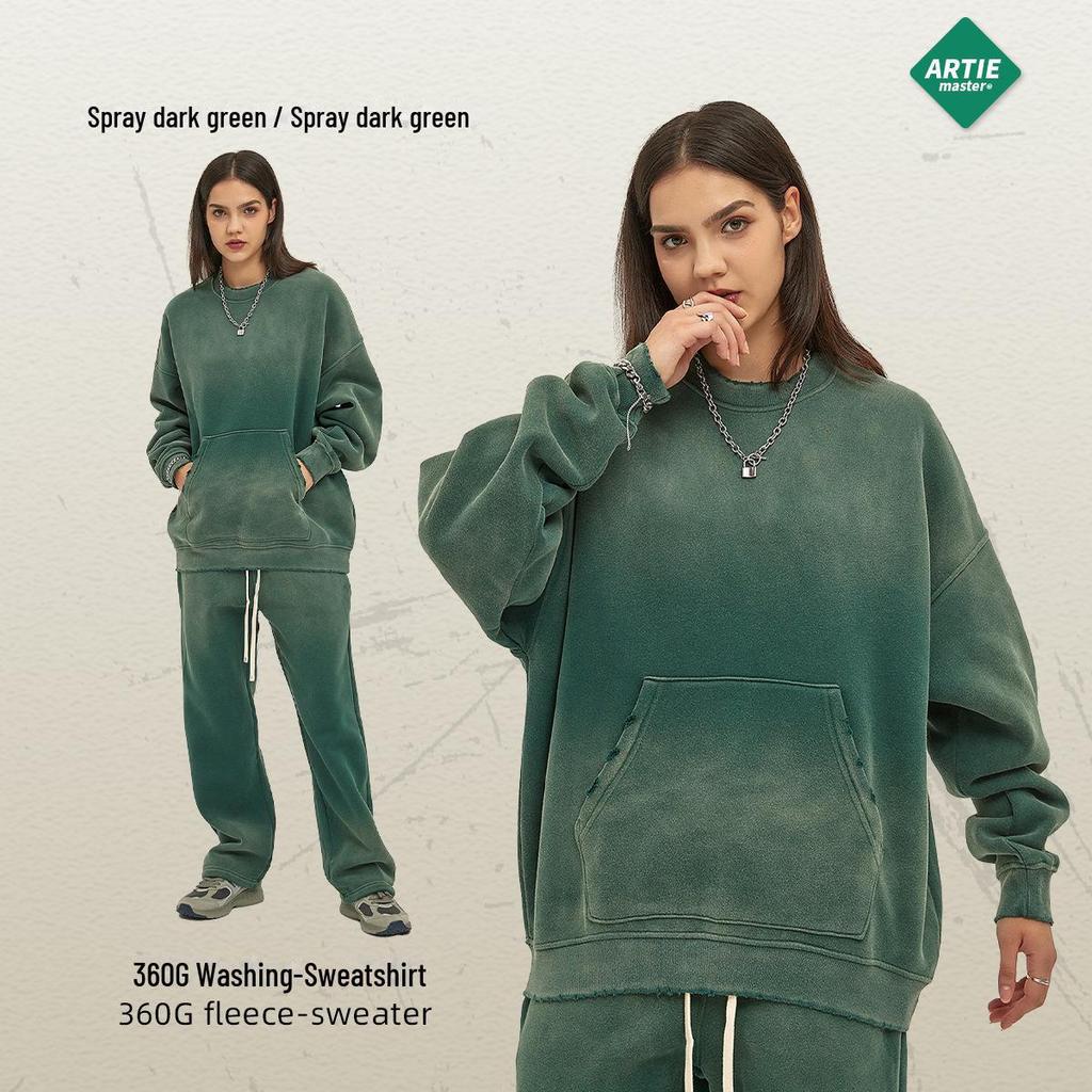 ARTIE Men's 2023 Autumn/Winter Distressed Sweatshirt - 360g Spray-Dyed, Worn & Washed Round Neck