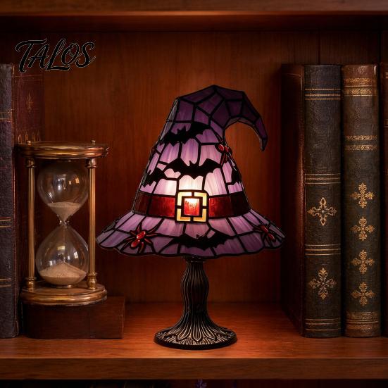 Talos Stained Glass Witch Hat Lamp, Handcrafted Retro Resin USB Powered Gothic Wizard Hats Night Light, Halloween Home Decor Accent Lamps for Bedroom