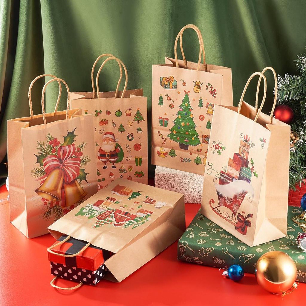 12-48PC Handheld Christmas Kraft Paper Gift Bag Durable Eco Friendly Holiday Party Paper Bag Festive Gift Wrapping Holiday Gift