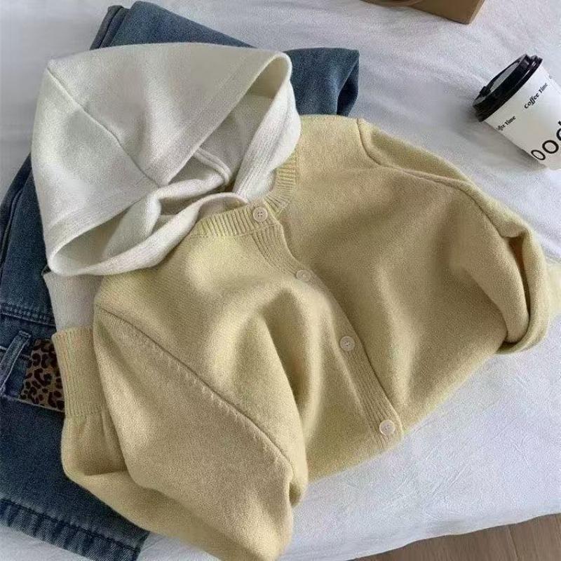 

Весенне-осенний новый трикотажный кардиган с капюшоном из двух частей в сочетании цветов, женский свободный мягкий восковой ленивый стиль, женский топ кардиган тренд 2XL/125-135 жёлтый