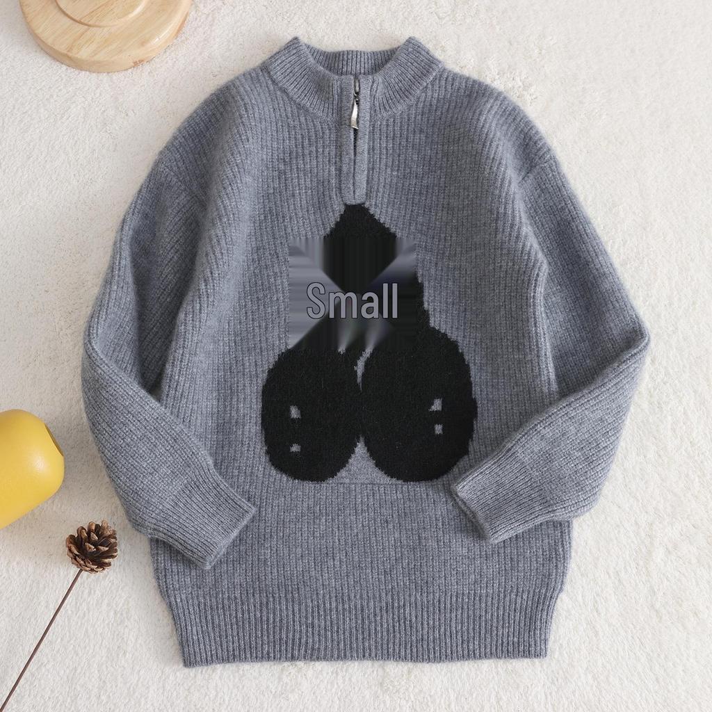 Kids' Cherry Jacquard Wool Pullover Sweater, Unisex Half-Zip Ribbed Base Layer