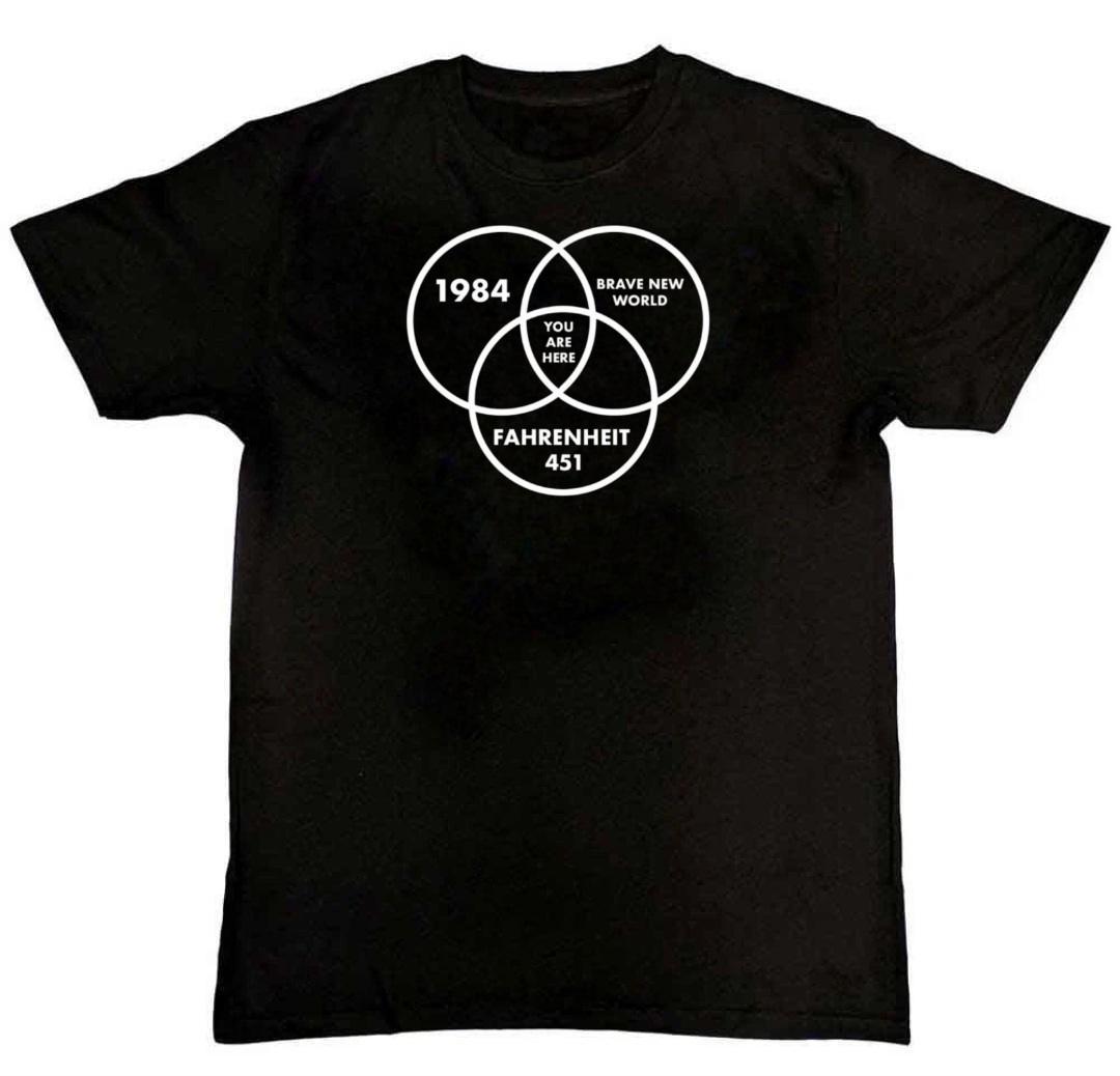 Dystopian Venn Diagram Funny 1984 Fahrenheit 451 Mens T-Shirt L