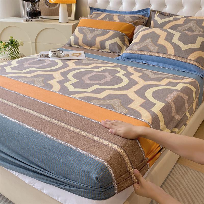 Classic Floral Pattern Fitted Sheet Set 100% Cotton Thickened Fitted Sheet Soft Skin-friendly Mattress Cover with 2 Pillowcases