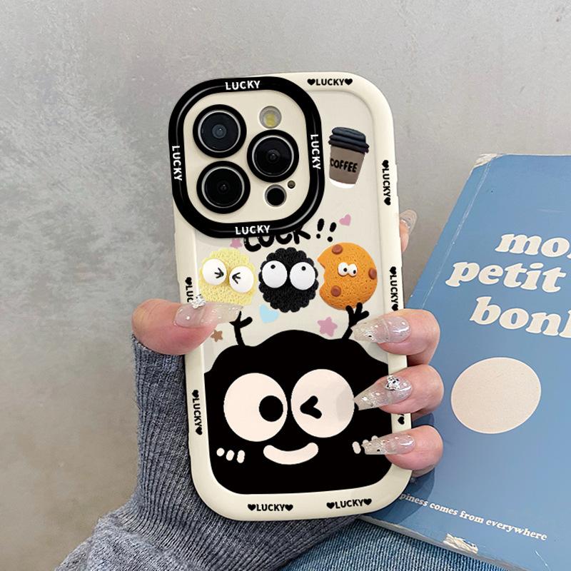 Cute Cartoon Black Briquettes for IPhone16promax Phone Case for Apple 15pro with Lanyard 14 Women 13
