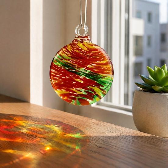 Transparent Glass Bauble with Hanging Rope Hand-Blown Round Disc Ornament, Christmas Tree Decoration Unique Patterned Ornament Hemp for Outdoor Indoor