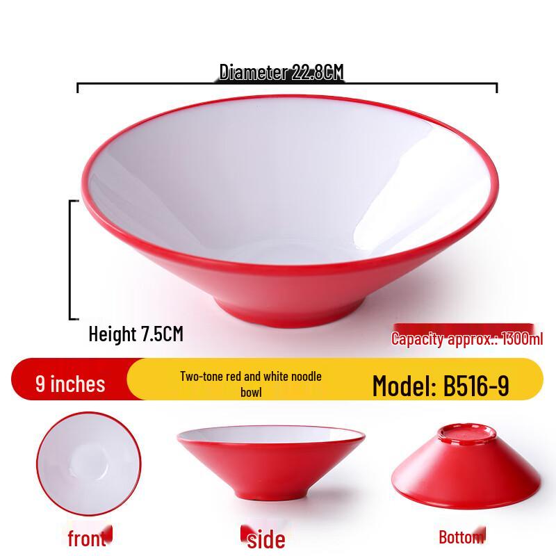 Japanese Style Melamine Soup & Noodle Bowl (9-inch, Red & White)