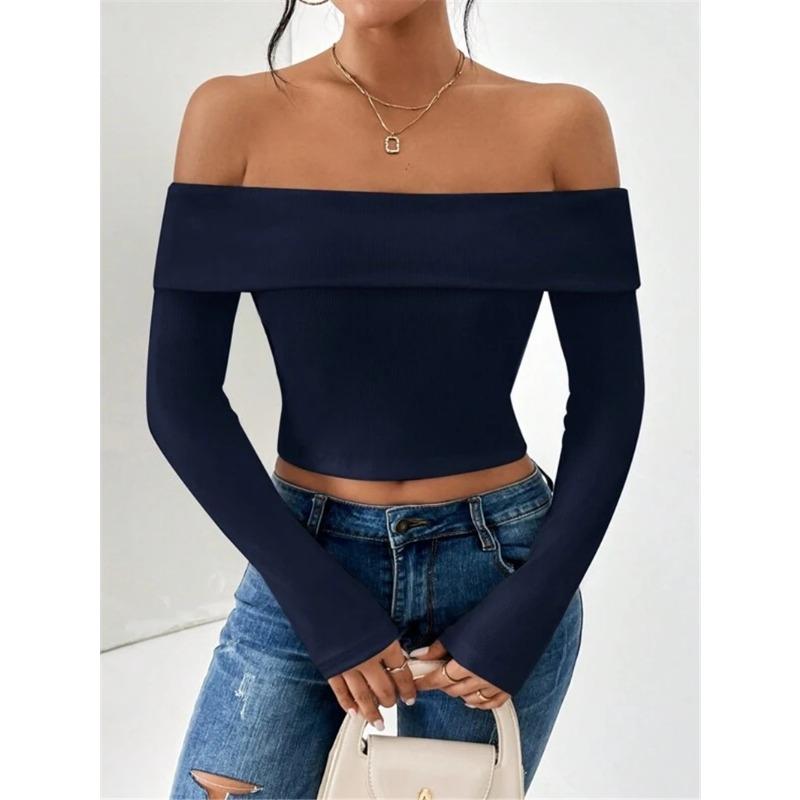 

Женская футболка осень-зима с воротником A Word и короткими рукавами без бретелек, тонкая и стройная L тёмно-синий