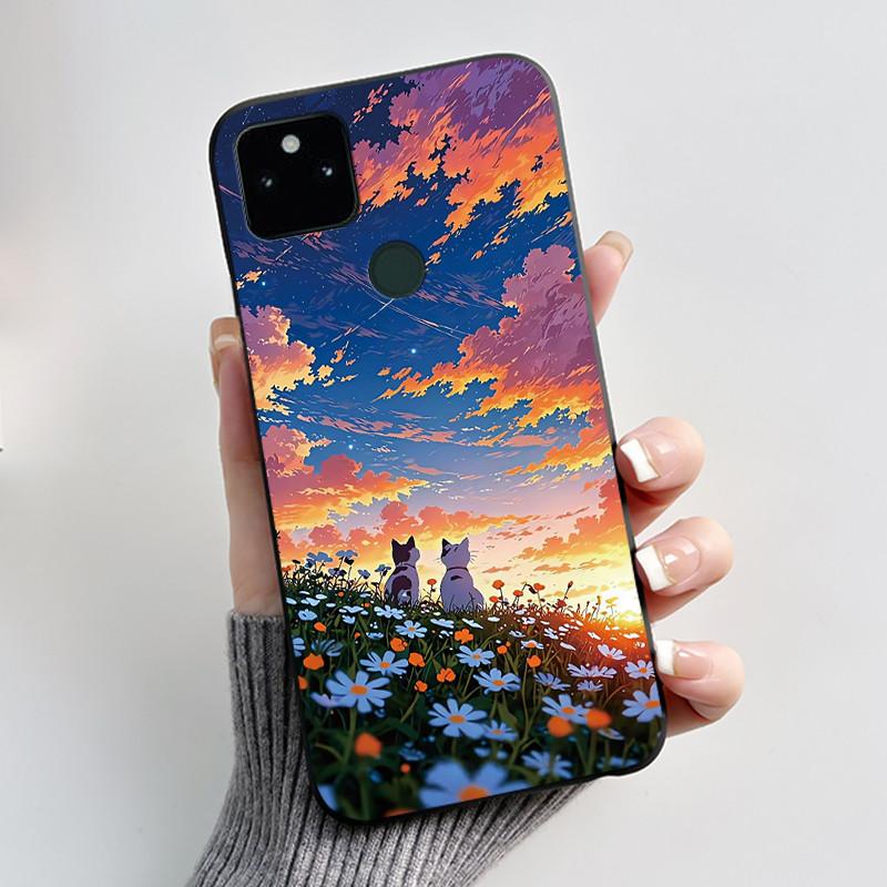 For Google Pixel 5a Soft Silicone Black Case Trendy Style Cartoon Pattern Fluffy Bunny, Milk Tea Rabbit, Rabbit Lamp Casing