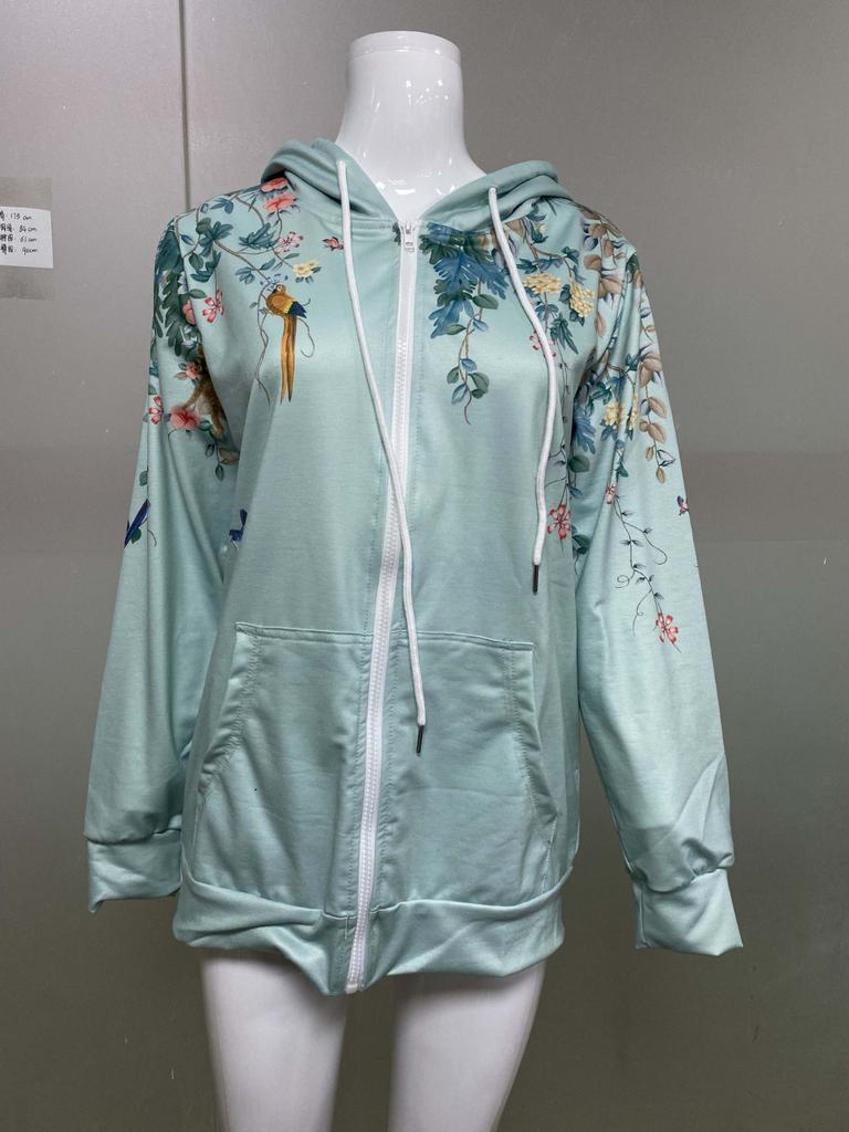 Ladies Casual Full Zip Hoodie Floral Print Loose Long Sleeve Jacket With Pockets Coat