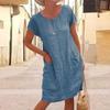 Women's Casual Color Stitching Short Sleeve Round Neck Large Swing Loose Pocket Cotton And Linen Dress
