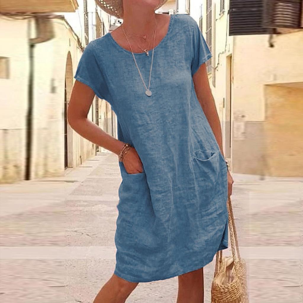 Women's Casual Color Stitching Short Sleeve Round Neck Large Swing Loose Pocket Cotton And Linen Dress