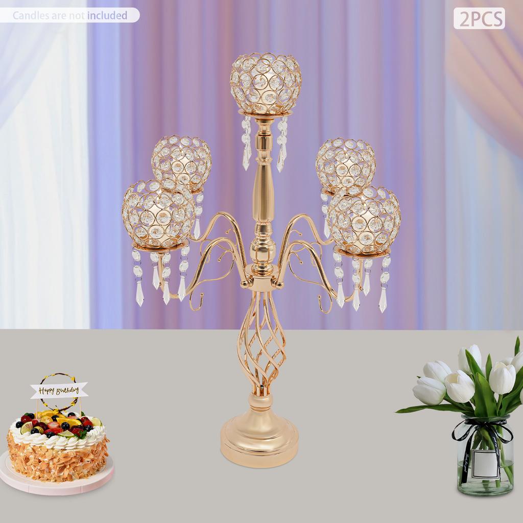 Elegant 5-Arm Crystal Candelabra Set, 26-Inch Gold Table Centerpiece, 2-Pack Luxury Candle Holders, Fits 2.36In Diameter Candles
