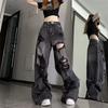 High Street Vintage Schwarze Ripped Jeans Mode Weite Hosen Damen High Waist Gerade Hosen Baggy Hosen Y2k Jeans