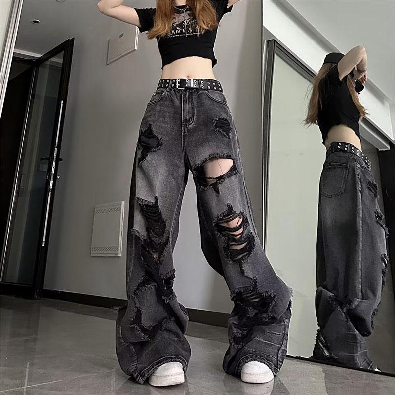 High Street Vintage Schwarze Ripped Jeans Mode Weite Hosen Damen High Waist Gerade Hosen Baggy Hosen Y2k Jeans
