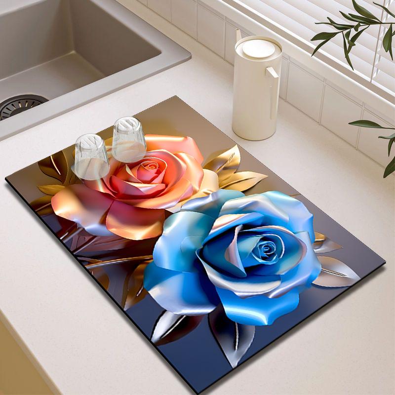 3D Floral Diatom Mud Drain Pad - Heat-Insulating, Quick-Drying, Non-Slip Kitchen Mat