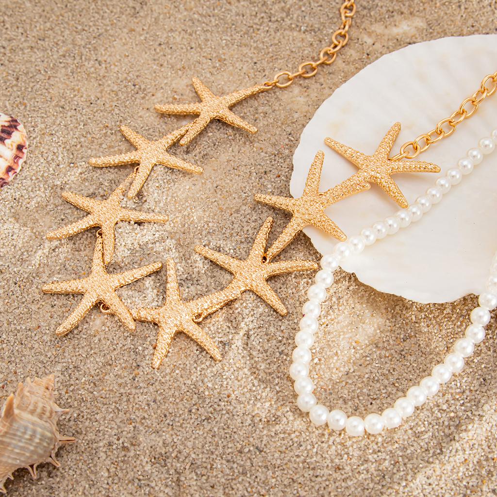 2Pcs/Set Boho Starfish Pendant Choker Necklace for Women Vintage Imitation Pearl Chain Summer Ocean Jewelry