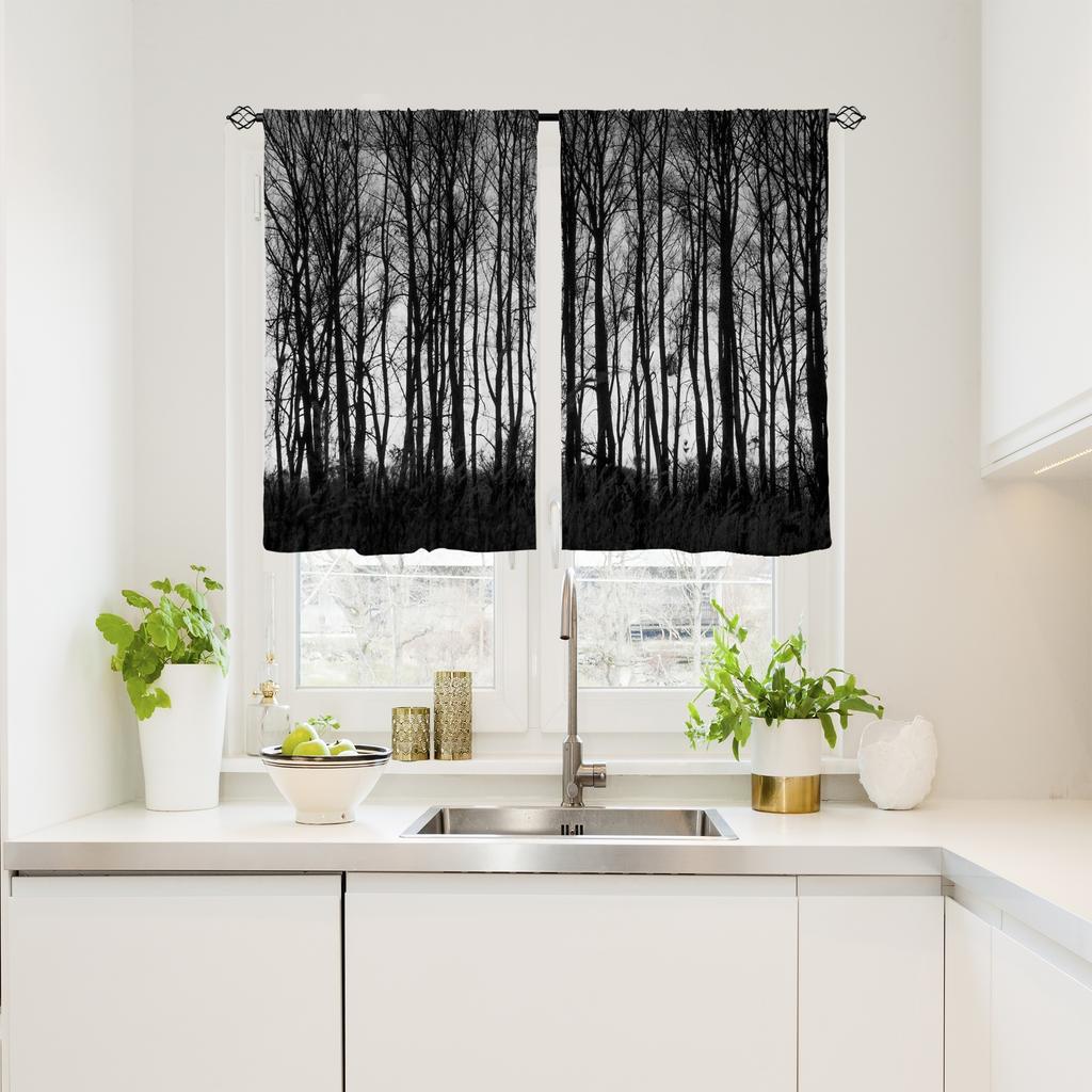 2Pcs Polyester Pack Black Forest Printing Window Curtains Birthday Party Decoration Backdrop Drapes for Living Room