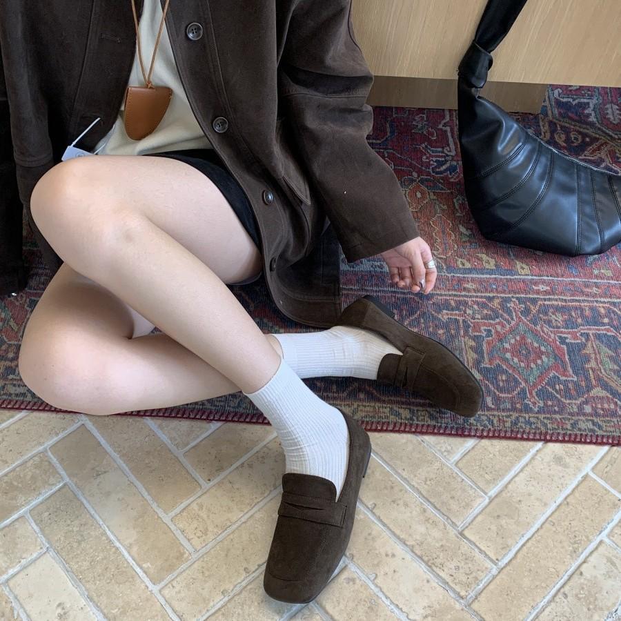 Retro loafers women's new British style one-pedal small leather shoes round head thick heel suede single shoes