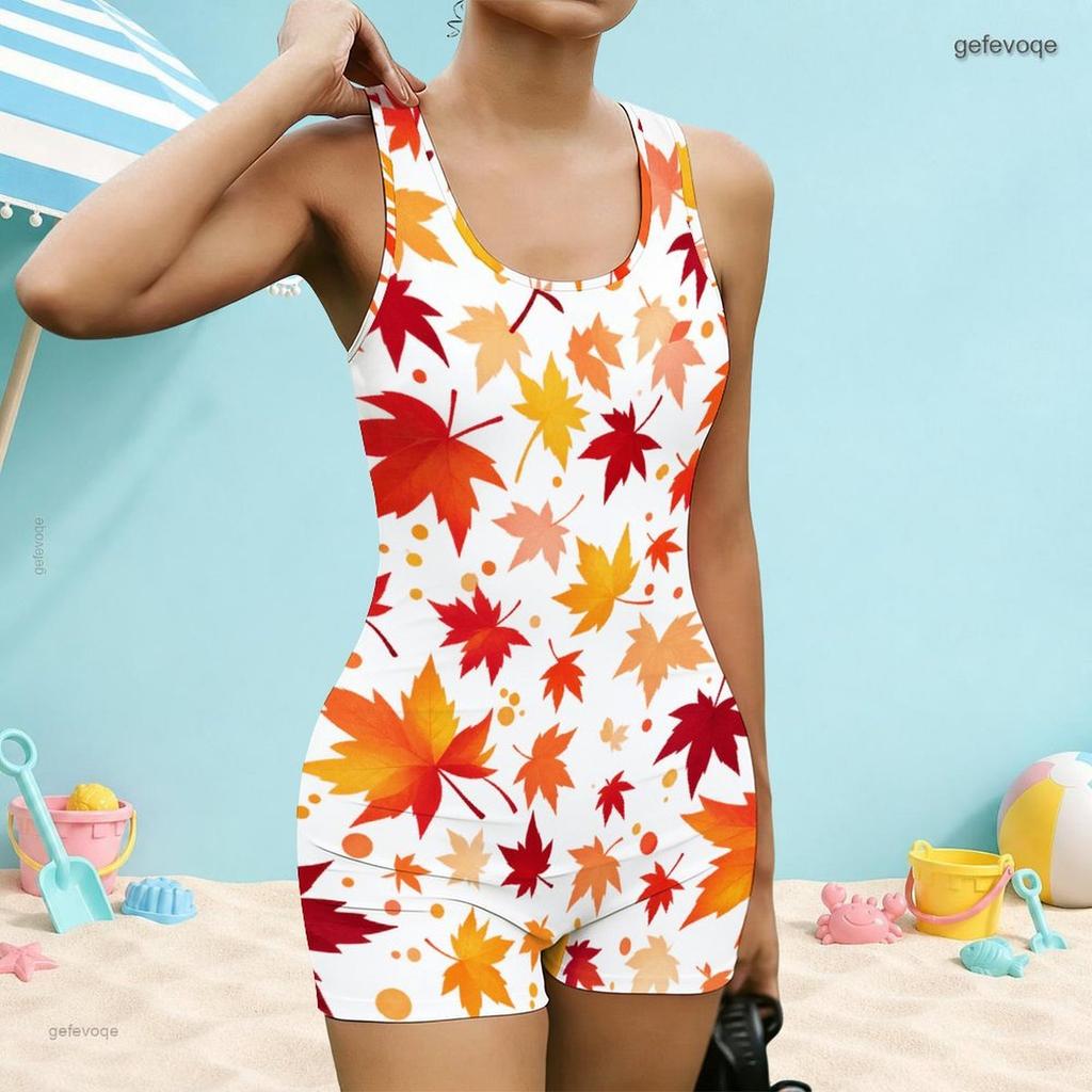 Women Plus Size Square Neck Wide Straps One Piece Boyshort Landscape Printed Swimsuit