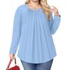Women's Plus Size Fashion Solid Colour Casual Pleated Round Neck Long Sleeve Top