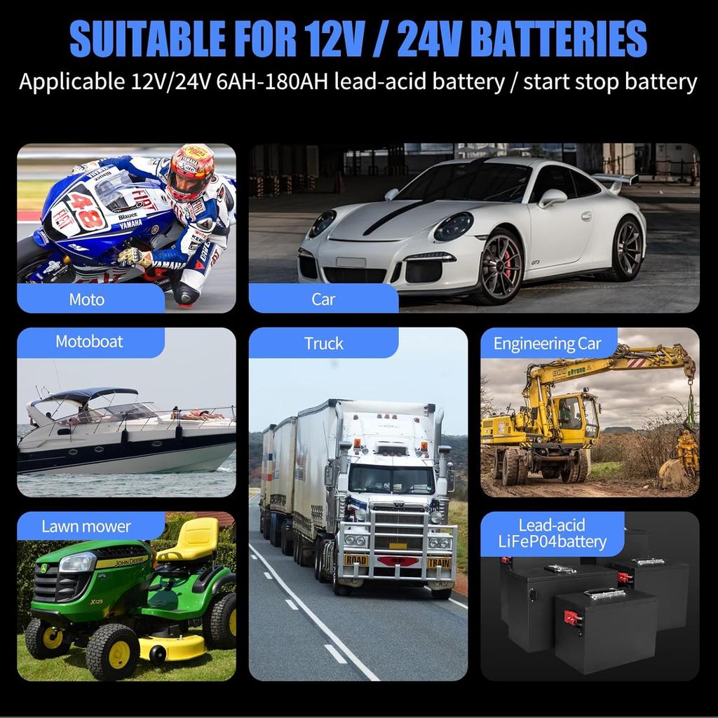 E-FAST Battery Charger, 10A Lifepo4 Lead Acid Car Battery Charger, Upgraded Automobile Trickle Charger 12/24V, All In 1 Battery Maintainer, For Truck