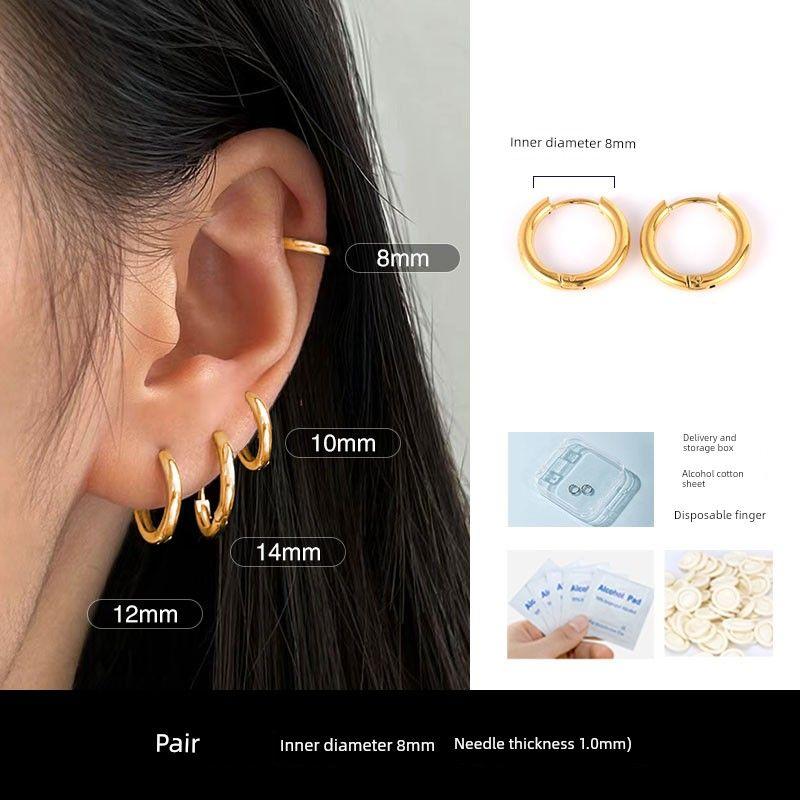 

Medical Titanium Steel Simple Bracelet Women s Non-Fading Anti-Allergy Ear Studs Gold inner diameter 8mm pair