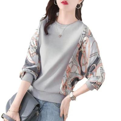 Women's Printing Sweatshirts Spring Fashion Tops Large Loose Round Neck Splicing Elegant All-match Pullover