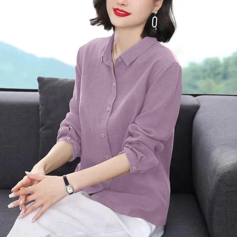 Women's Spring Casual Linen Top Collared Long Sleeve Button Up Shirt