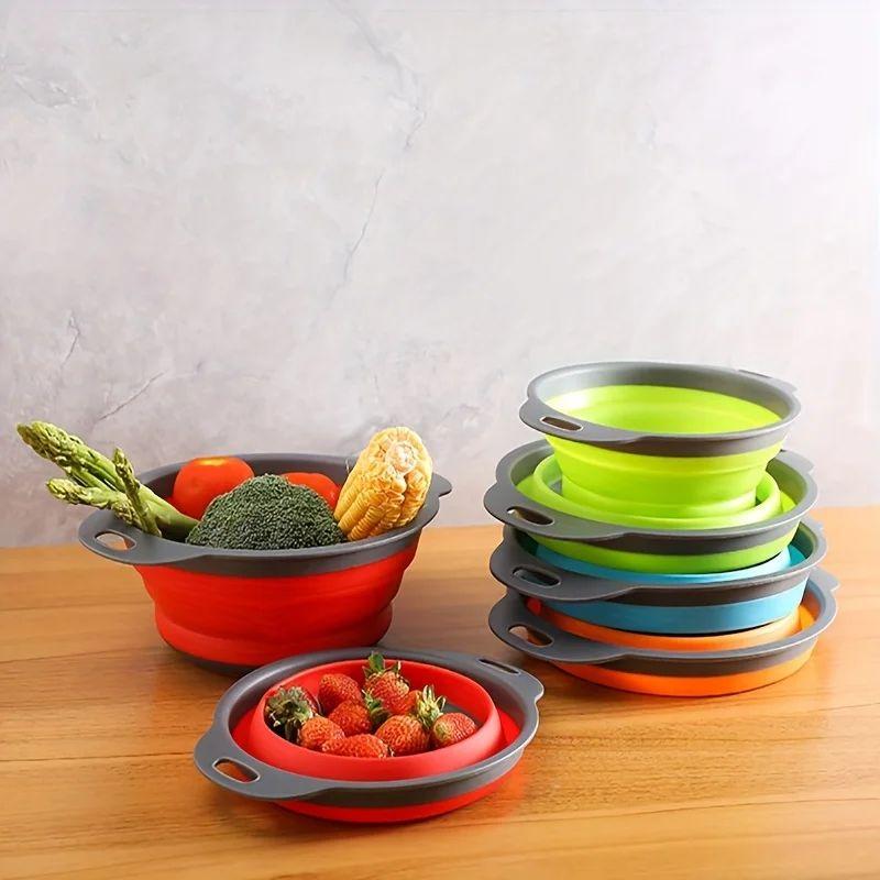 Collapsible Colander Set of 2 Round Silicone Kitchen Strainer Set  Kitchen Strainers Set Storage Pasta  Veggies  Fruit Strainer