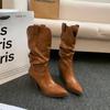 Autumn new western boots pointed middle boots large size thick heel pleated knight boots women
