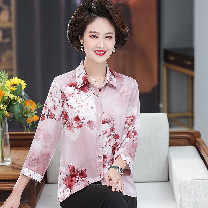 

Silk Printed Seven-Sleeve Lapel Blouse for Women - Elegant Spring/Summer Top for Middle-Aged and Elderly Mothers 3XL (120-135 lbs) червоний