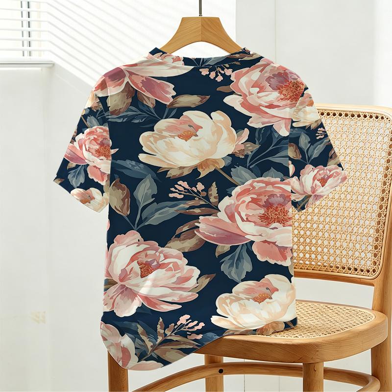 Women's Ins-Style Floral Print Short Sleeve T-Shirt Soft, Comfortable, Versatile for Daily Casual Wear