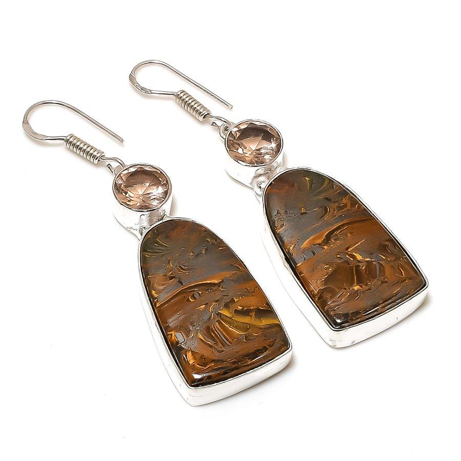 

Этнические ювелирные серьги ручной работы с морганитом и тигровым глазом 2,32 дюйма SR-2027