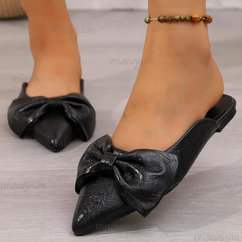 Gold Silver Bowtie Flat Sandals for Women Pu Leather Pointed Toe Office Ladies Shoes Size 35 42 Summer Comfort Slip On Slippers