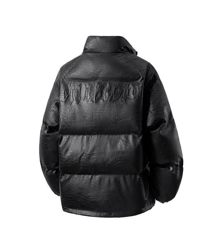 2025 Men's American Style Crocodile Pattern PU Leather Winter Jacket - Thick, Loose, Plus Size Cotton Coat