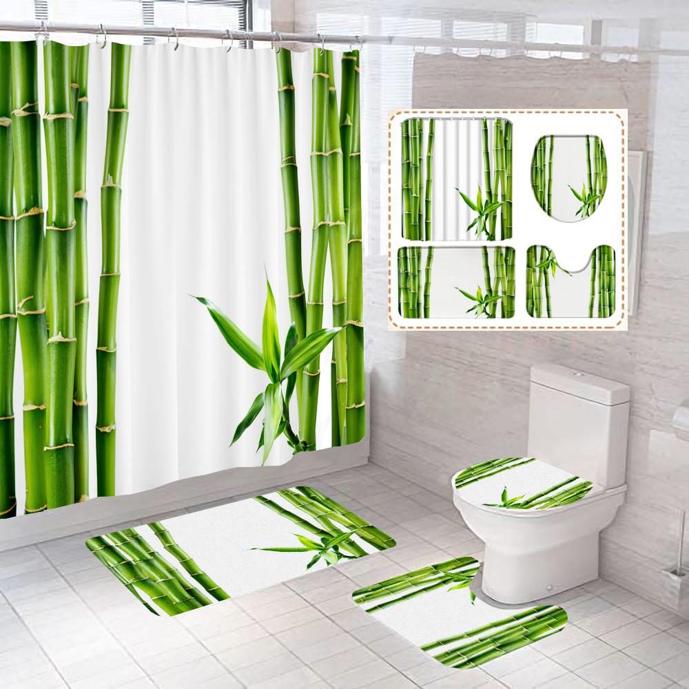 Grüne Pflanzen Bambus Blumen Zen Stein Badezimmervorhang Polyesterstoff Duschvorhänge und Teppiche Toilettendeckel Badematten Set Dekor