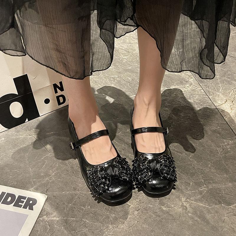 French Temperament Is Beautiful, Mary Jane Shoes, Women's One-pedal Gentle Matching Skirt, Ballet Shoes, Rhinestone Bow Shoes