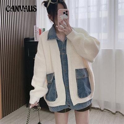 Maglione da donna, tendenza autunno e inverno, cardigan in maglia di jeans con cuciture larghe