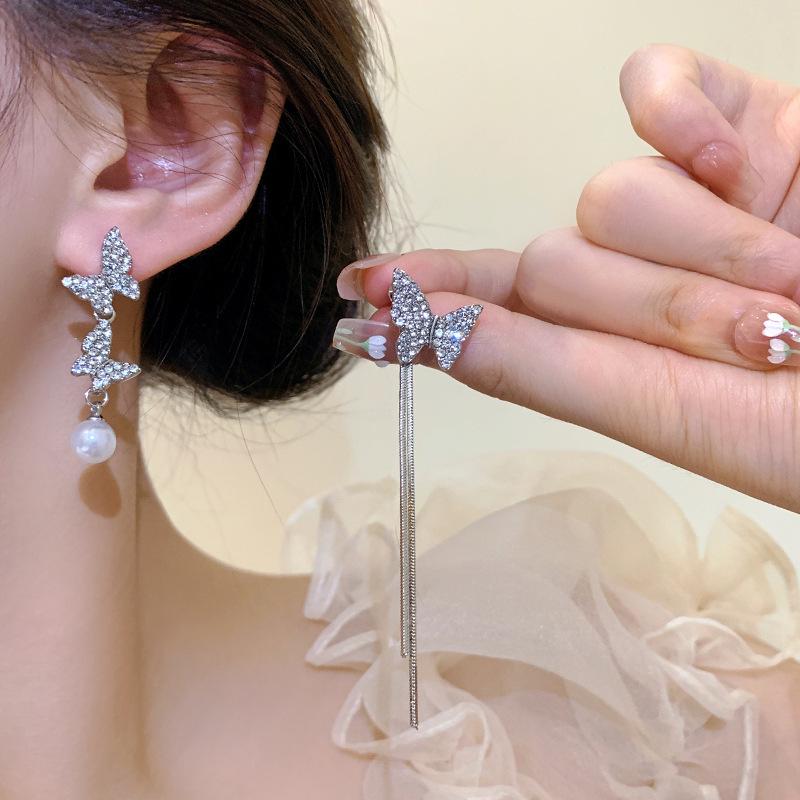 2025 Trendy Korean Micro-Inlaid Zircon Bow Earrings with S925 Silver Needle and Pearl for Women