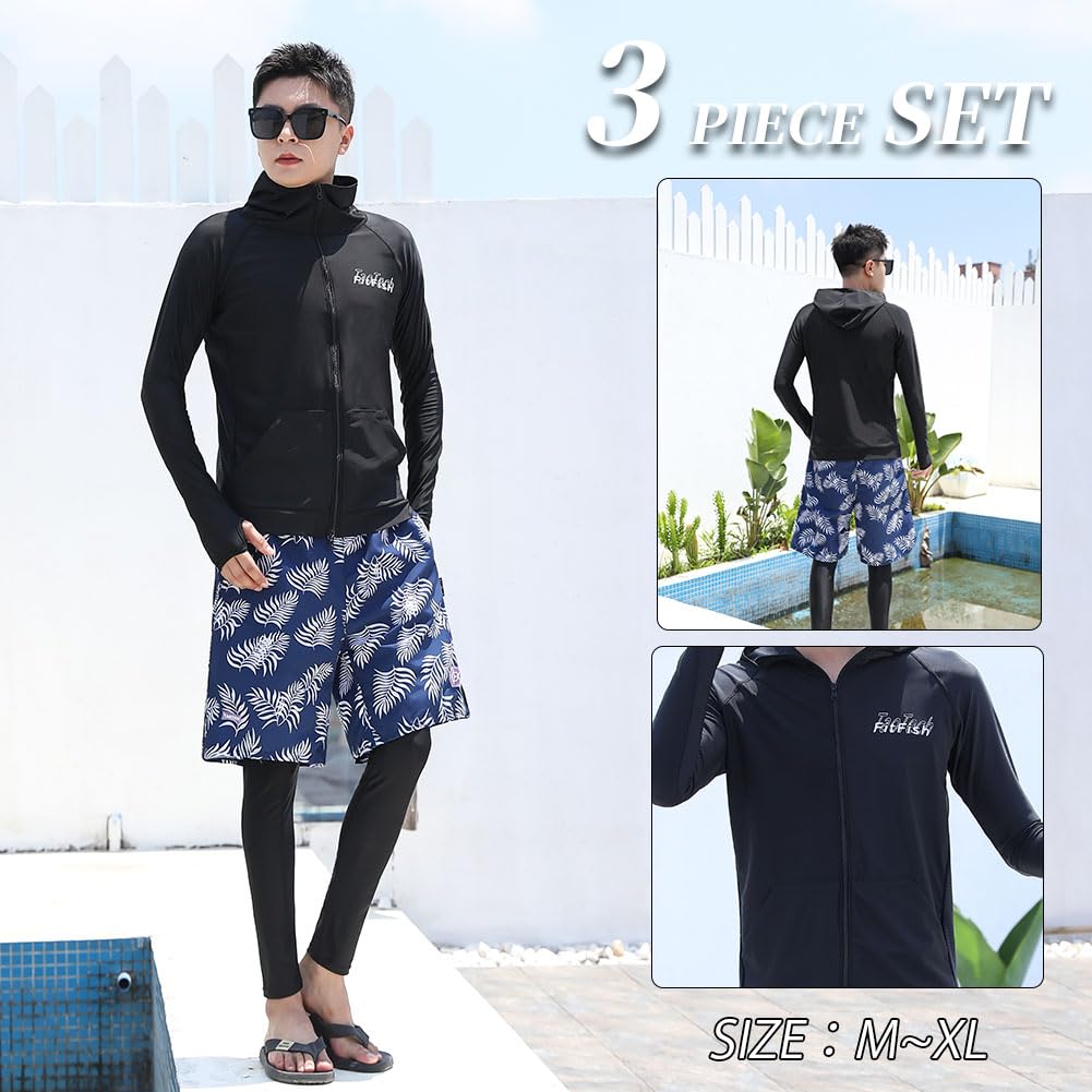 TaoTech Rash Guard and Swim Trunks Long Sleeve Hoodie with UV Men's Set, Leggings, Fitness, Stylish, Amphibious, Protection, Sweat-Wicking,