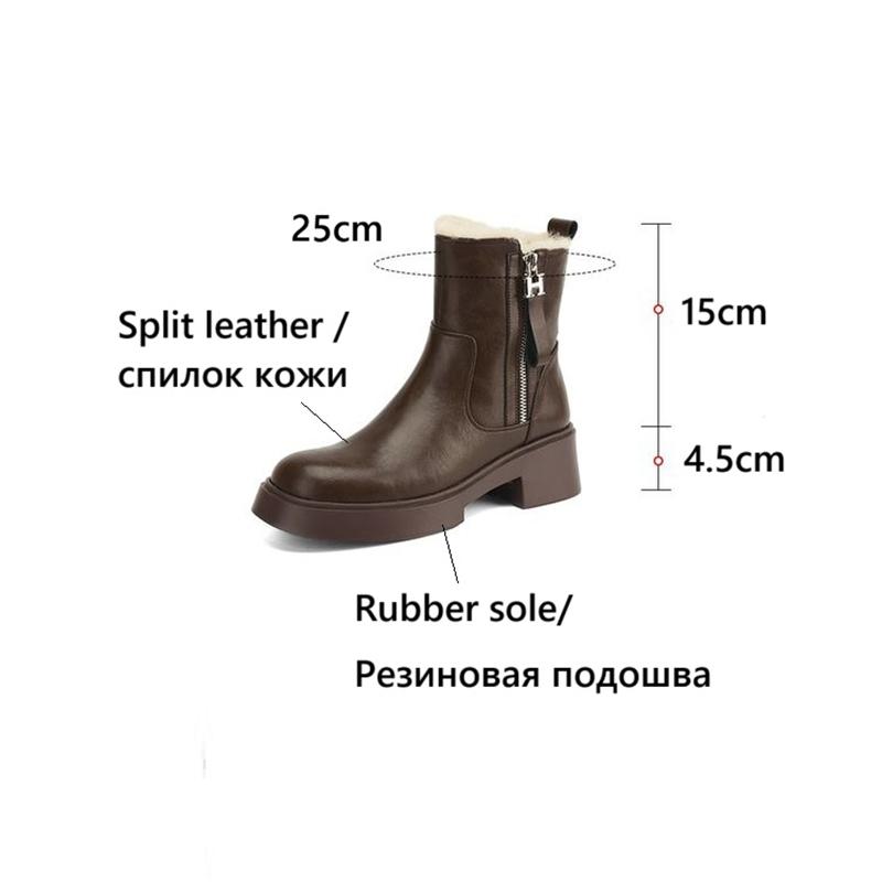 Fashion NEW Winter Women Boots Round Toe Chunky Heel Shoes Split Leather Shoes for Women Concise Warm Wool Boots Daily Shoes Zip Boots
