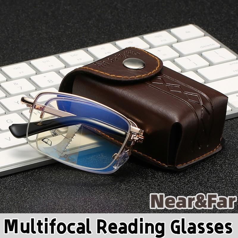 Portable Multifocal Reading Glasses Vintage Anti-blue Light Bifocal Eyewear for Men Women Far Near Sight with Leather Box