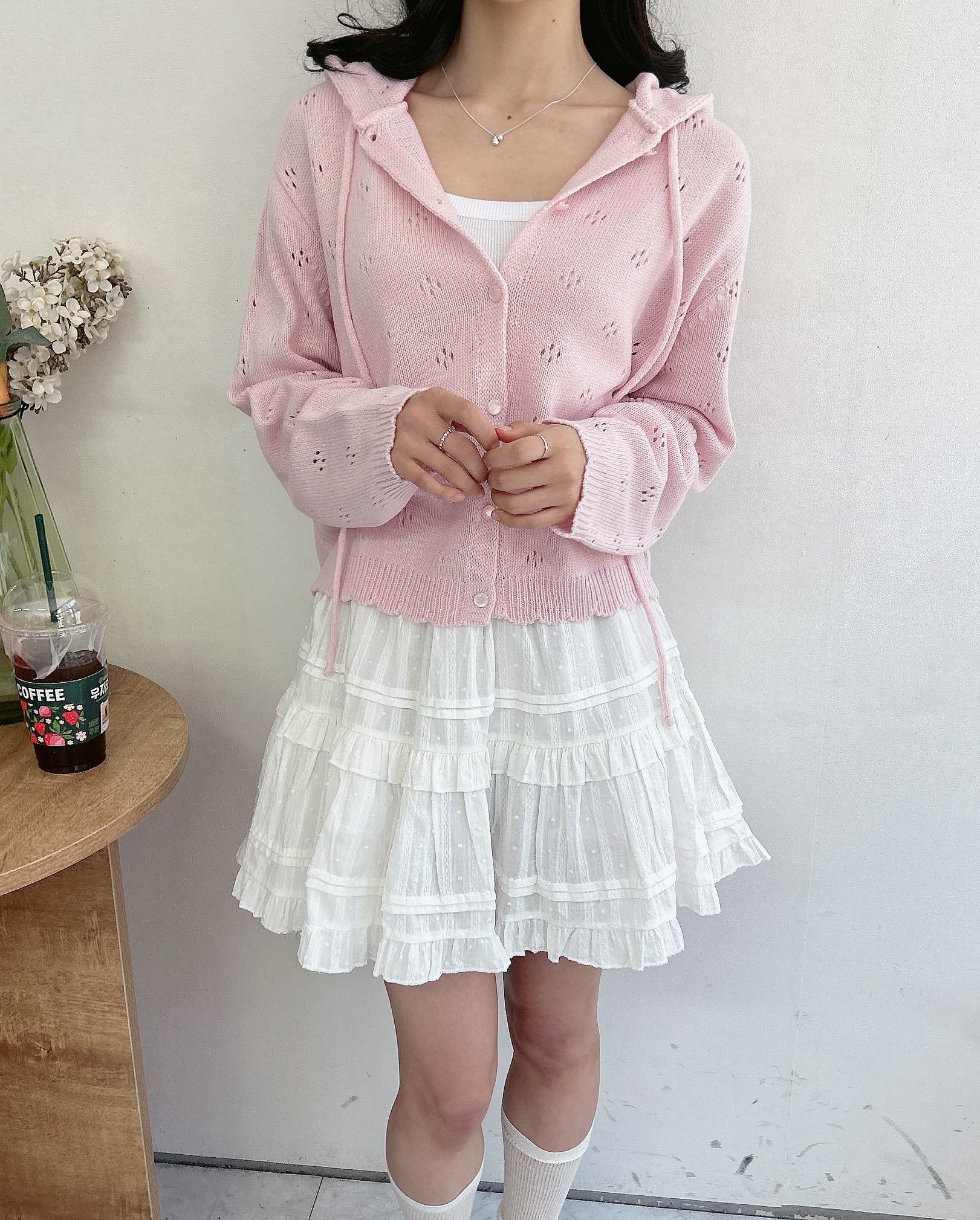 Pendant String Punching Hood Neck Knit Cardigan FREE розовый
