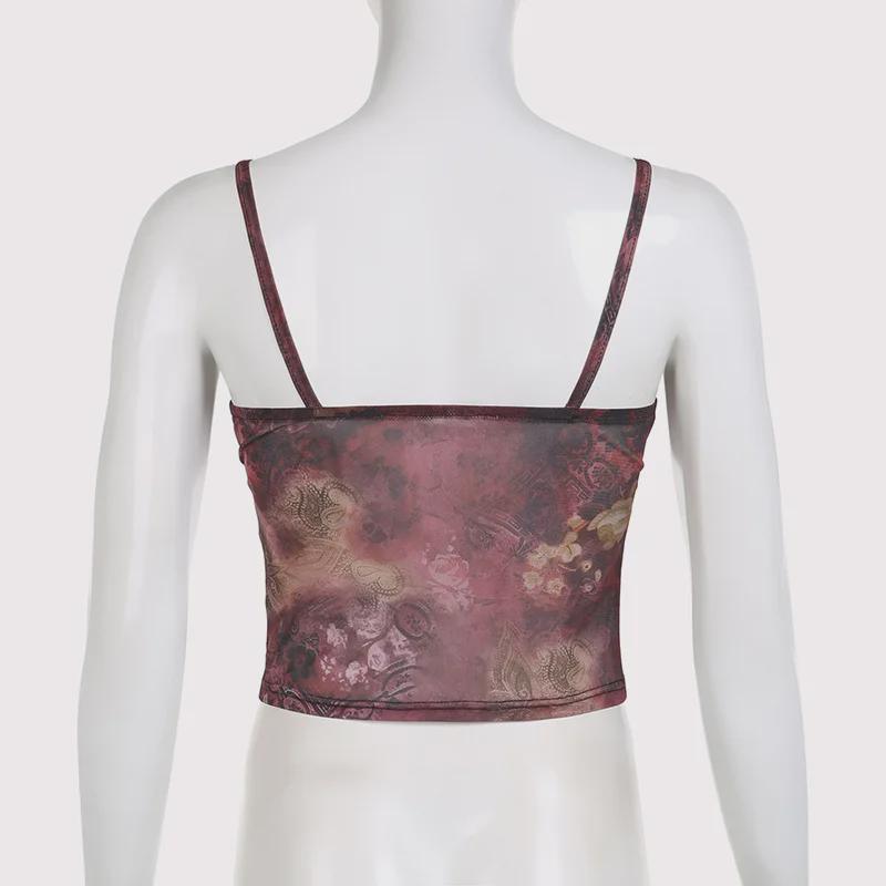 American Street Retro Print Mesh Crop Top Waist-High Vest